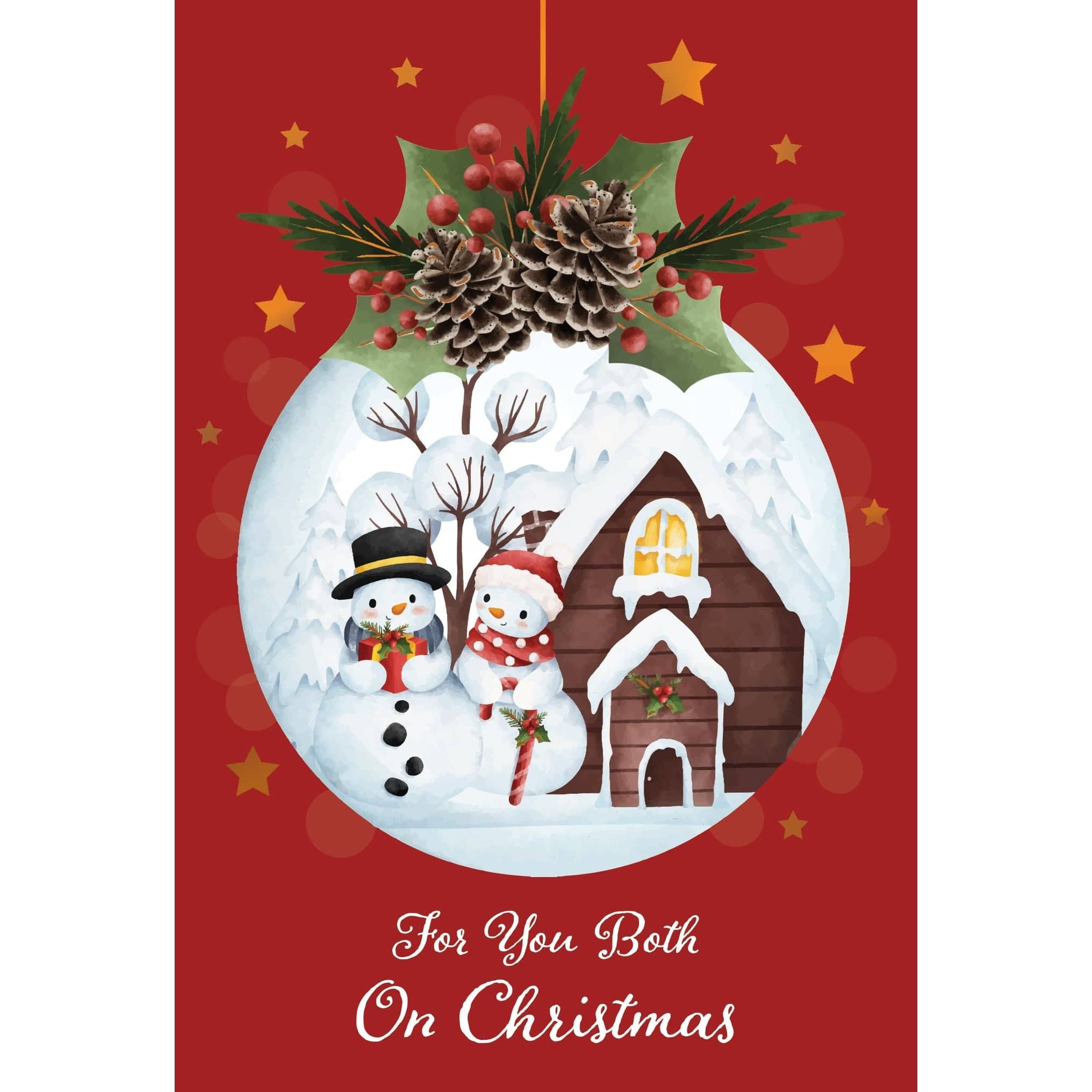 Pictura seasonal Snowman Couple Christmas card featuring festive snowmen with scarves and hats on a winter background.